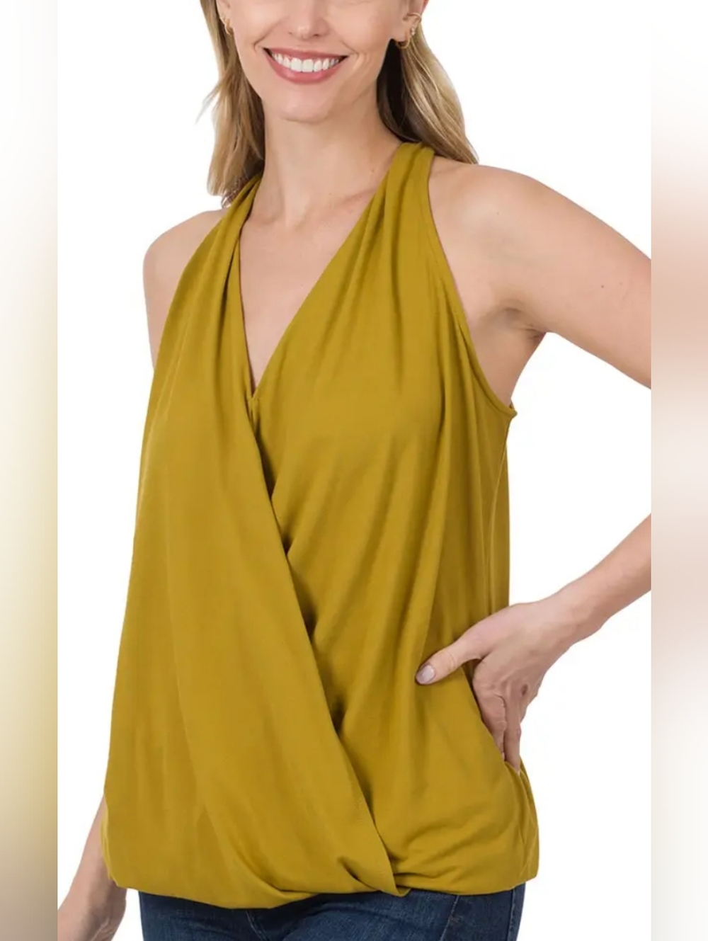 Zenana Women's Olive Mustard Sleveless Rayon Surplice Wrap Front V-Neck Top